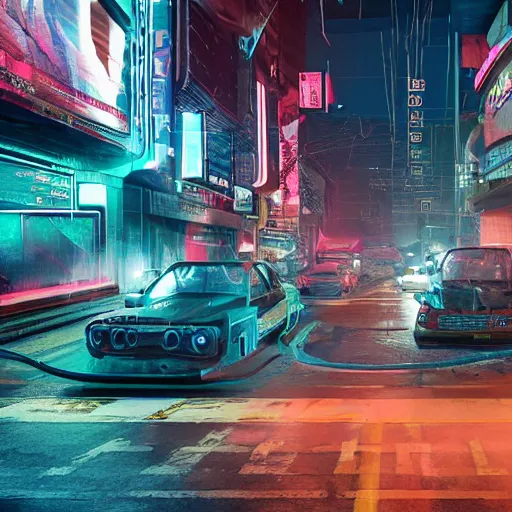 Image similar to a 3 d rendered in unreal engine guatemalan cyberpunk city with neon ads and signs with evocative dramatic mood with blade runner vibe with cars with motion blur with depth of field with bloom with lightshaft with volumetric lights, fog, by scott robertson, oscar winning graphics, photo realistic, bloom, imax, dynamic lighting, artstation, 3 d video game