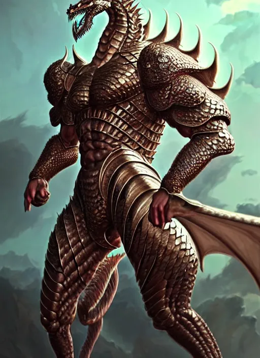 Prompt: muscular and tall humanoid dragon!!!! draconian!! intricate ornate iridescent heavy armor!! character concept art, sharp focus, octane render! unreal engine 5! highly rendered!! trending on artstation!! detailed linework!! illustration by artgerm, wlop, and chie yoshii