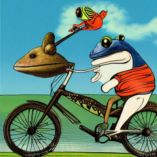 Image similar to book illustration of a frog riding a bike, surrealism