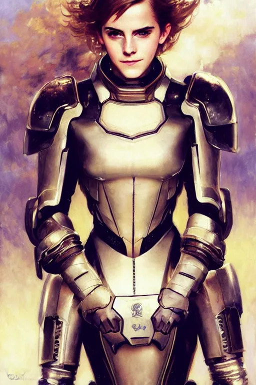 Image similar to emma watson smiling closeup portrait futuristic fractal fightsuit bustier armoured shorts gaston bussiere craig mullins j. c. leyendecker short wet hair
