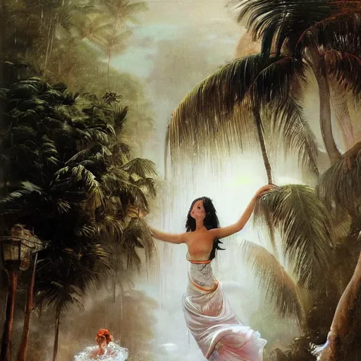 Image similar to monsoon on tropical island, oriental goddess in white, elegant, frontal, ornate, beautiful, atmosphere, vibe, mist, coconuts, rain, wet, pristine, puddles, melting, dripping, snow, creek, lush, ice, bridge, forest, roses, flowers, by stanley artgerm lau, greg rutkowski, francisco de goya