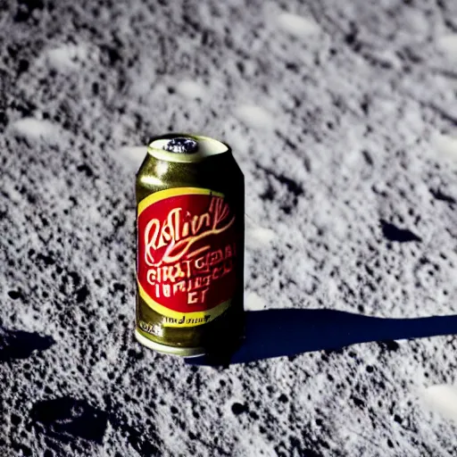 Image similar to photo of a detailed realistic idle regular sized electric guitar and a detailed realistic idle regular sized beer can on the moon surface. realistic. detailed