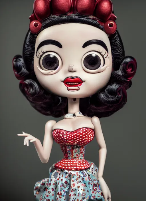 Image similar to closeup of a tin toy betty boop, depth of field, zeiss lens, detailed, symmetrical, centered, fashion photoshoot, by nicoletta ceccoli, mark ryden, lostfish, earl nore, hyung tae, frank frazetta, breathtaking, 8 k resolution, extremely detailed, beautiful, establishing shot, artistic, hyperrealistic, octane render