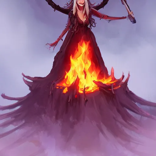 Prompt: witch stands on a fire burning pyre of bones, surrounded by flames, artstation