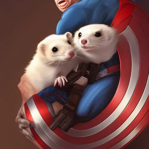 Image similar to A ferret is cuddling Captain America, hyperdetailed, artstation, cgsociety, 8k