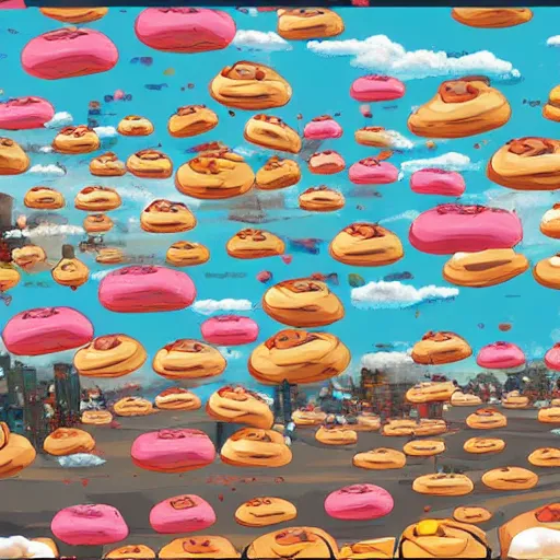 Image similar to raining donuts on a city in a studio ghibli animation