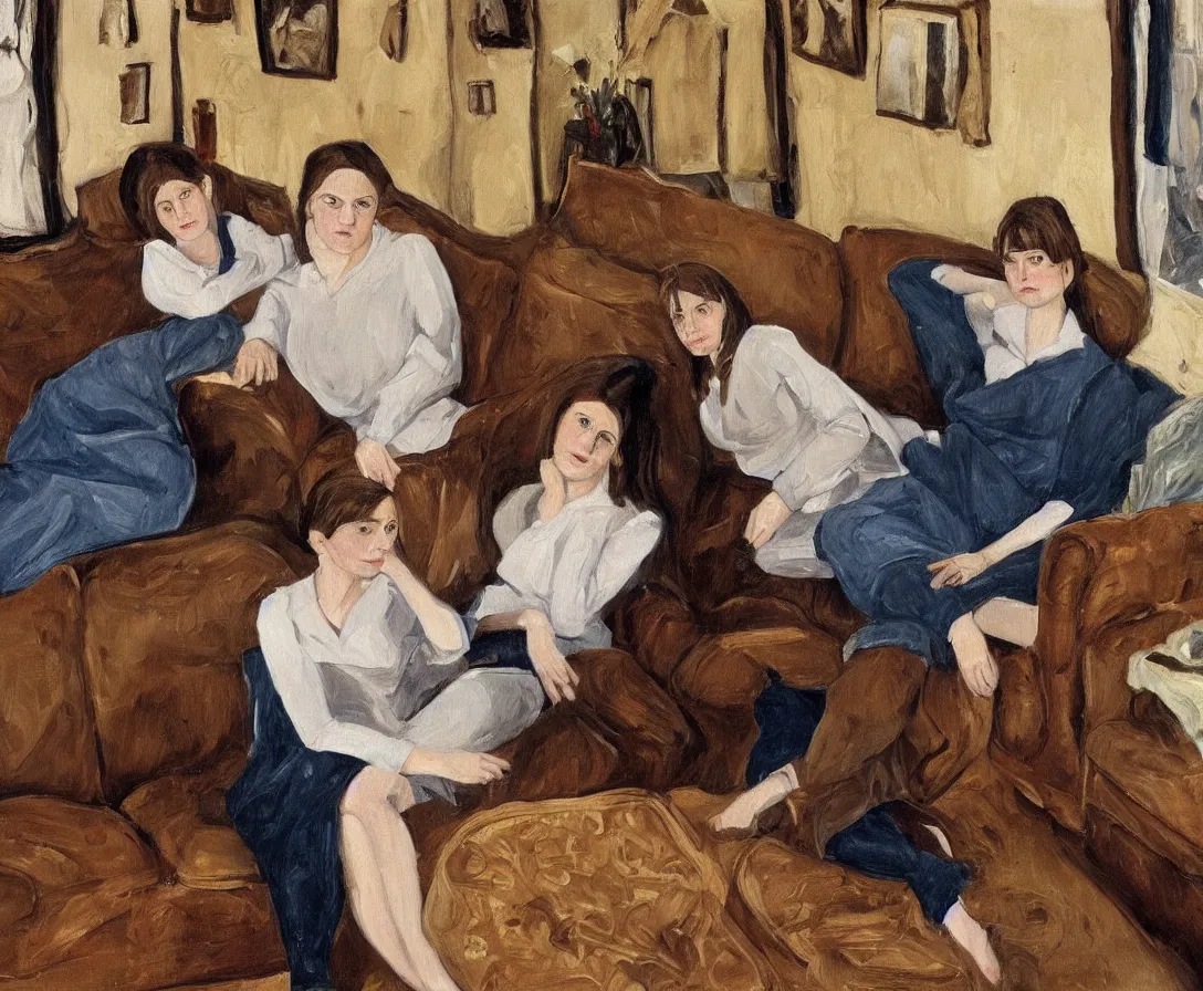 Image similar to two women, in an old english apartment on a brown leather sofa. one is wearing a dark blue sweather, the other a white shirt. brown hair, they are looking into the camera. wide shot. in the style of lucien freud. oil painting.