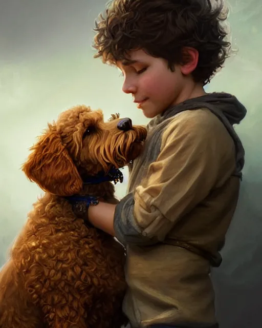 Image similar to A boy and a goldendoodle dog hugging, deep focus, D&D, fantasy, intricate, elegant, highly detailed, digital painting, artstation, concept art, matte, sharp focus, illustration, hearthstone, art by Artgerm and Greg Rutkowski and Alphonse Mucha