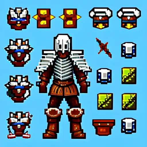 Image similar to sprite of a knight with armor sword and shield, dungeons and dragons game spritesheet, isometric, detailed, pixel art, full turn around