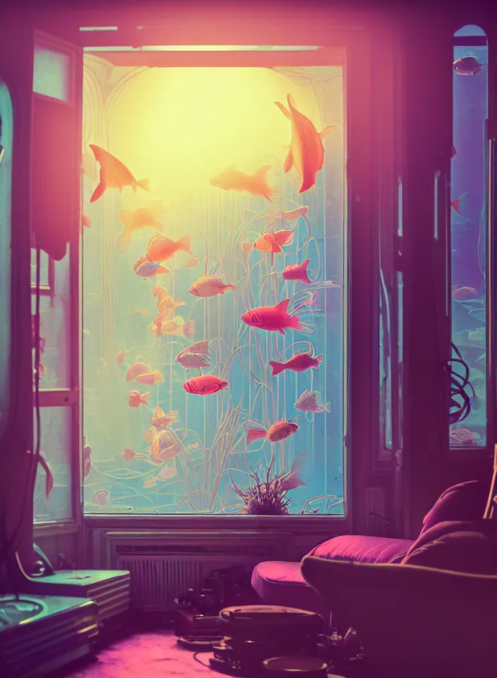Image similar to telephoto 7 0 mm f / 2. 8 iso 2 0 0 photograph depicting the feeling of chrysalism in a cosy safe cluttered french sci - fi ( art nouveau ) cyberpunk apartment in a pastel dreamstate art cinema style. ( living room ) ( ( fish tank ) ), ambient light.