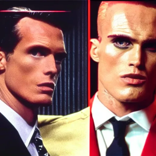 Prompt: max headroom as the american psycho, bateman stare, cinematic still