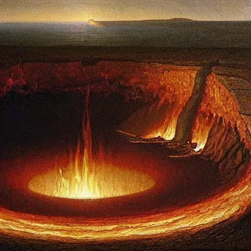 Image similar to a painting of the end of all time, there is a giant hole forming in the earth leading to the core of the earth and millions are being burned alive by the fire coming out of the hole, 8 k, by francis danby