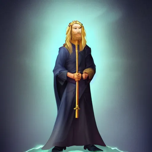 Image similar to A young well kept shaved wizard with a blonde ponytail in a navy blue robe with gold accents, he holds a staff of light with a bright crystal, medieval fantasy, digital art, trending on artstation