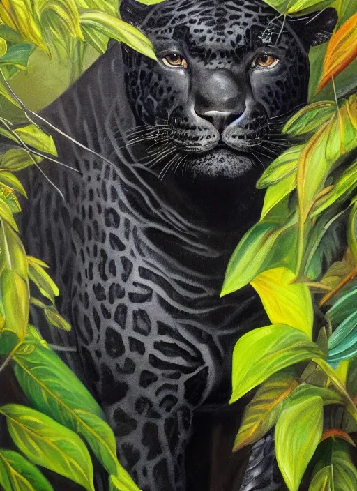 Image similar to a beautiful painting portrait of a black jaguar surrounded by the leaves of the jungle, highly detailed close up, fantasy art, matte painting