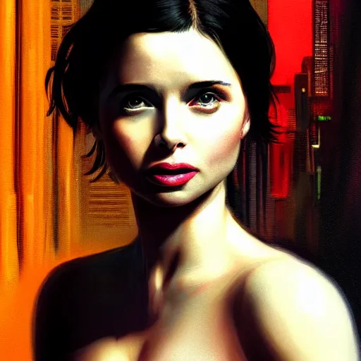 Image similar to molly millions, closeup portrait of a young beautiful isabella rossellini, mirror eye implants, black hair in a rough shag, sunset, neuromancer, street samurai, cyberpunk city background, megacity, gorgeous view, depth, painted by seb mckinnon, high detail, digital art, painted by greg rutkowski, trending on artstation