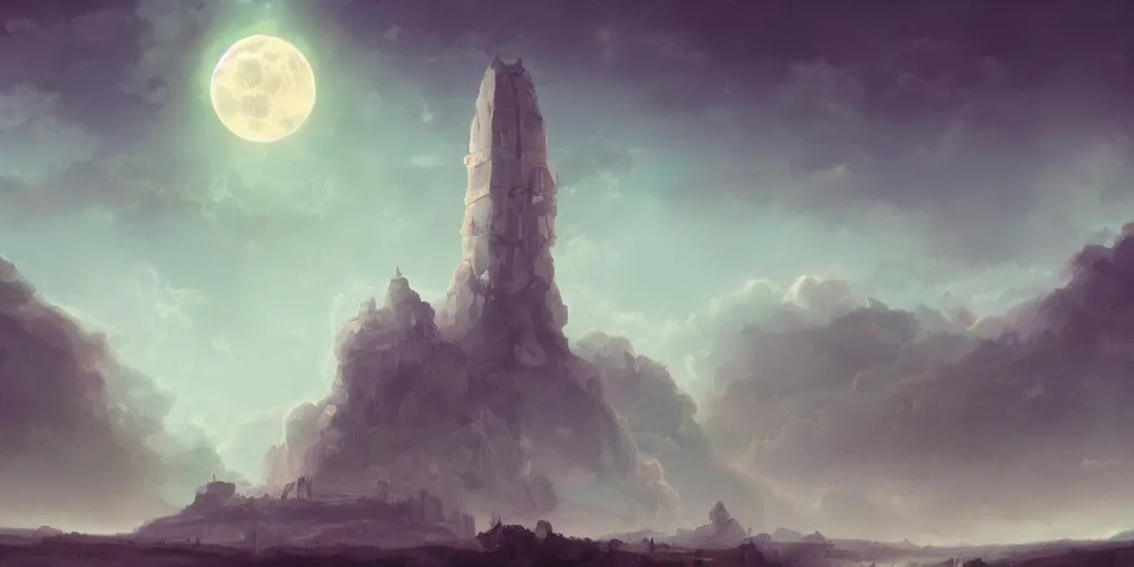 Prompt: The great marble wizards tower, painted landscape,green fields in the background, moody lighting, moon in the night sky, sharp image, artstation, colorful digital art