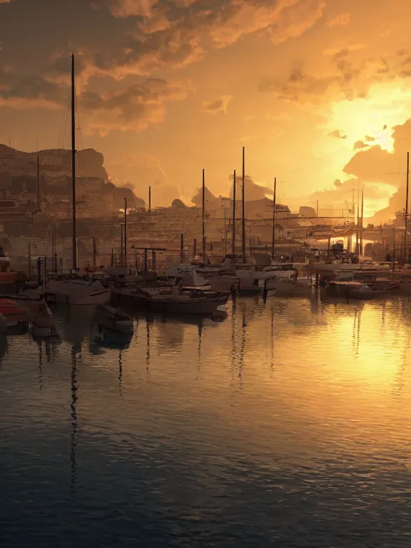 Image similar to photo of 8k ultra realistic harbour, port, boats, sunset, beautiful light, golden hour, full of colour, cinematic lighting, battered, trending on artstation, 4k, hyperrealistic, focused, extreme details,unreal engine 5, cinematic, masterpiece, art by studio ghibli