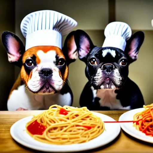 Image similar to a 8k highly detailed still photo by David Bailey of Two multi-colored French Bulldogs in chef hats and aprons starring on a cooking show, a plate of spaghetti is prepared, a high end restaurant kitchen in the background, bokeh