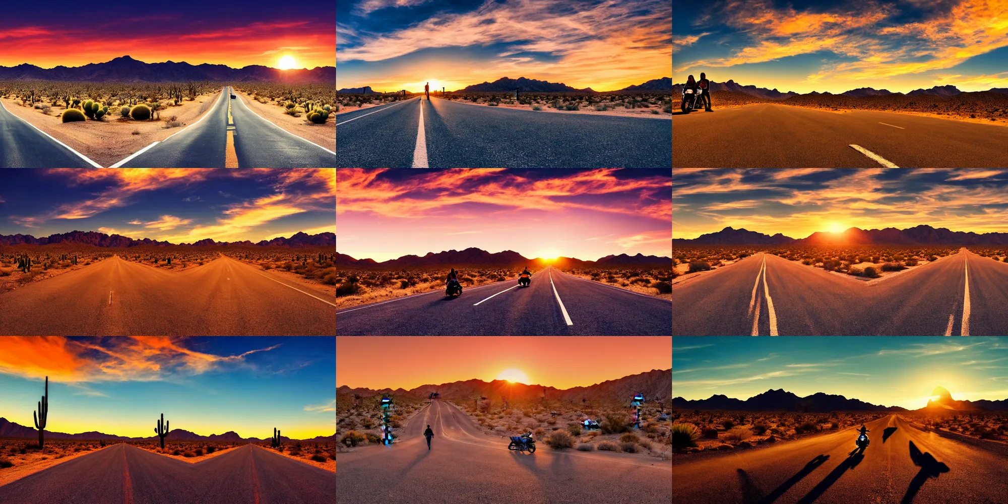 Prompt: hd wallpaper, road california desert, sunset, blue sky, cactus, high detailed, one motorbike in center of frame, romantic couple, go out here, beautiful concept photo, wallpaper