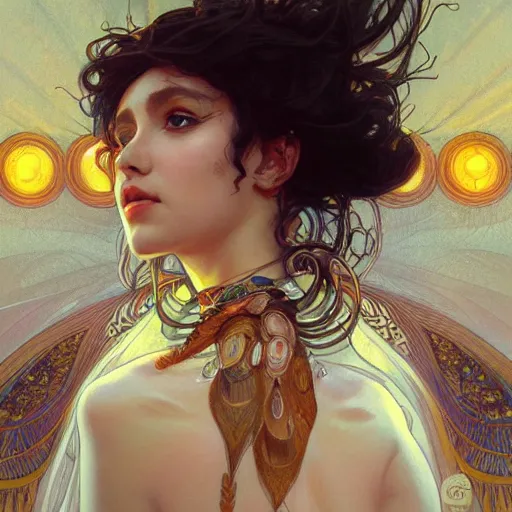 Image similar to concert of an shaman, big eyes, intricate, elegant, highly detailed, digital painting, artstation, concept art, smooth, sharp focus, illustration, art by artgerm and greg rutkowski and alphonse mucha