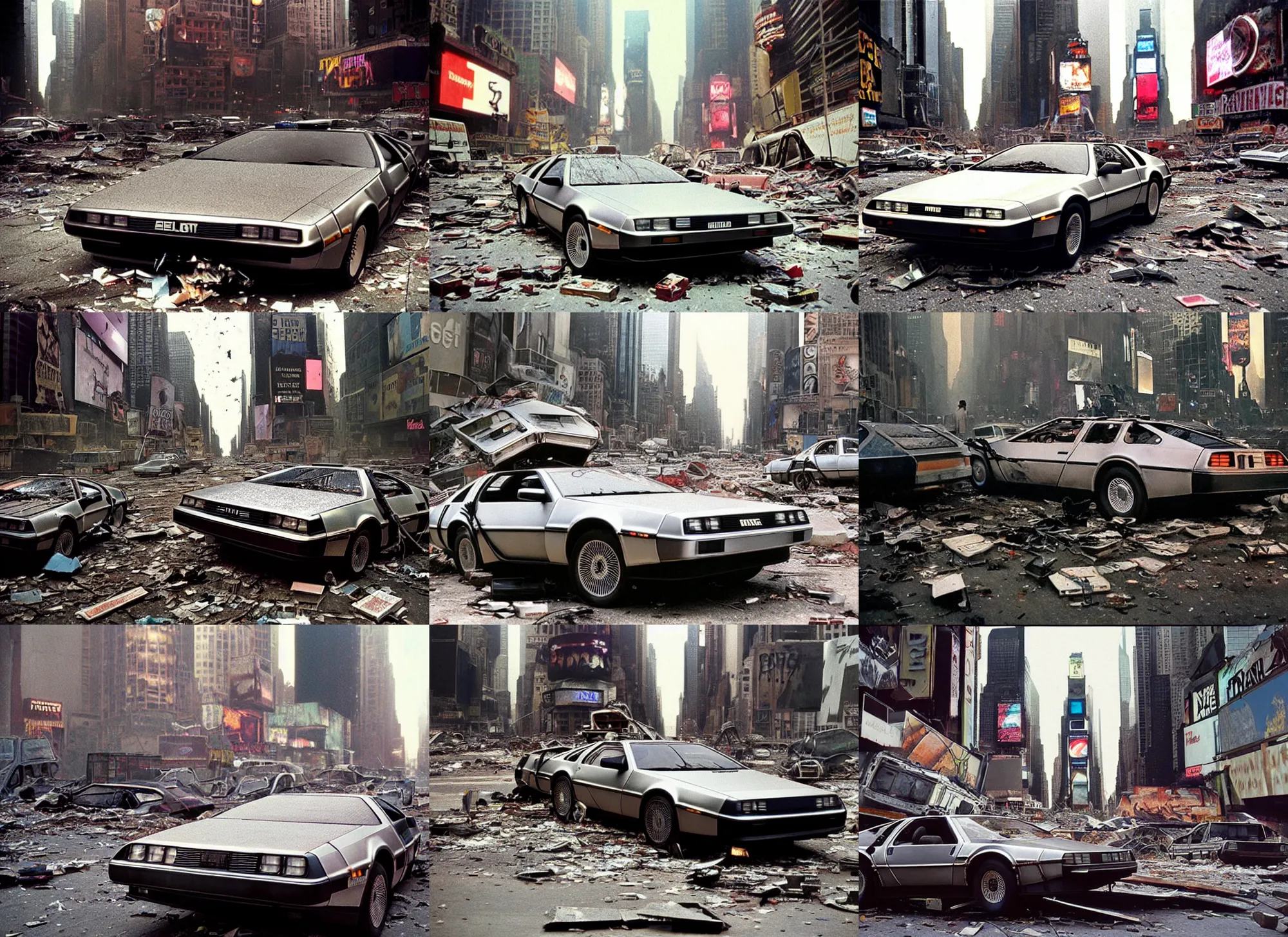 Prompt: ultrarealistic photographs of centered!! delorean in postapocalyptic abandoned destroyed times square, wrecked buildings, destroyed flipped wrecked cars, darkness, polaroid photo, vintage, 1 9 8 5, neutral colors,, by jeff wall