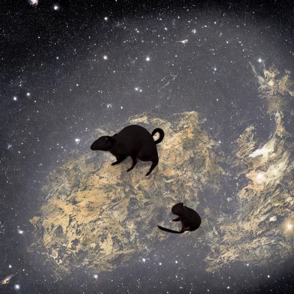 Image similar to a black gerbil eating the earth, starry background, space photography