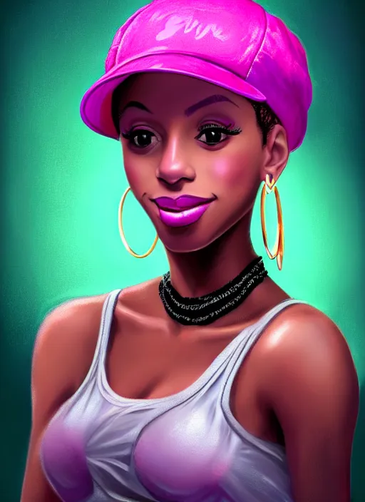 Image similar to portrait of young vanessa morgan with bright pink hair, black girl, vanessa morgan, curly pixie cut hair, wearing purple newsboy cap, newsboy cap, subtle smile, hoop earrings, intricate, elegant, glowing lights, highly detailed, digital painting, artstation, concept art, smooth, sharp focus, illustration, art by wlop, mars ravelo and greg rutkowski