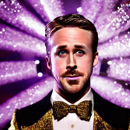 Image similar to Ryan Gosling with silver-violet hair, white eyes, inflated press and golden glittery dress, wide lens, diorama, 4k,