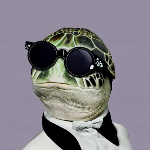 Prompt: a turtle with a black tuxedo wearing cool shades