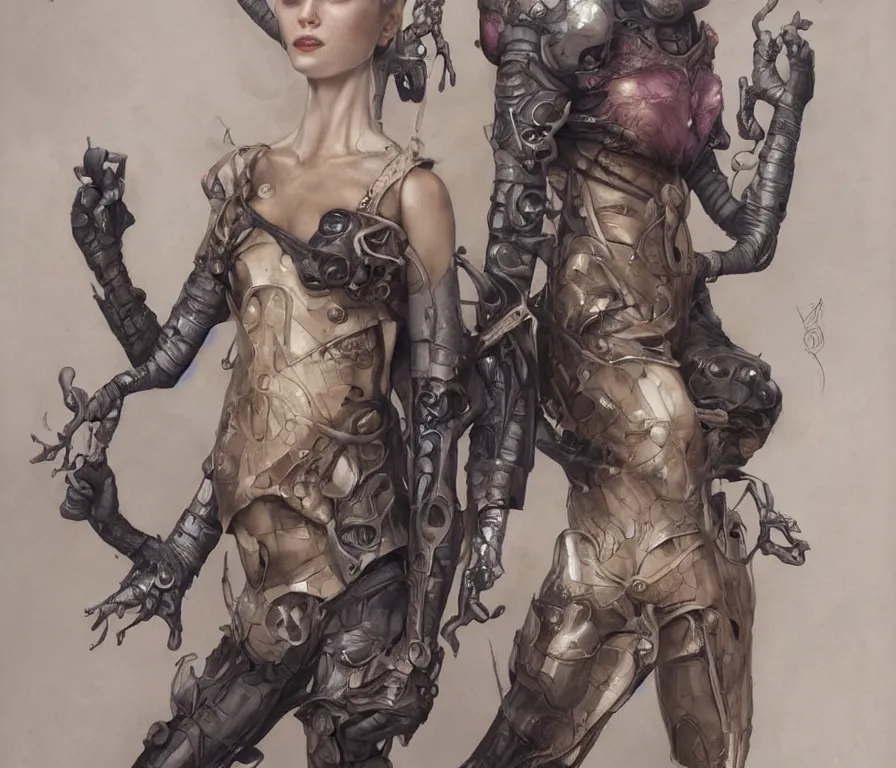 Image similar to a fashion editorial of a female alien with scaled skin is trying on a tactical suit and has many body modifications. by tom bagshaw, donato giancola, hans holbein, walton ford, gaston bussiere, brian froud, peter mohrbacher and magali villeneuve. 8 k, fashion editorial, cgsociety