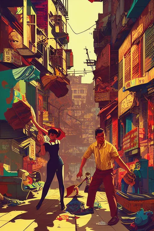 Image similar to slum neighbourhood. pop art, pixel, bioshock art style, gta chinatown art style, dynamic proportional, dynamic composition, sharp focus, intricate, without, elegant, aesthetic, warm colour, art by artgerm and richard hamilton and mimmo rottela