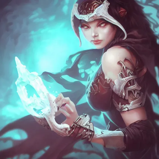 Image similar to Necromancer covered with a bone-armor casting powerful spell, in the style of artgerm, wlop, Alexis Franklin, cgsociety, 8k resolution, detailed,