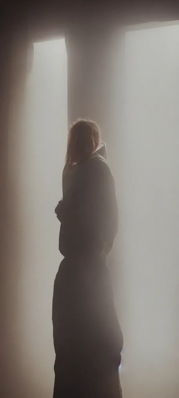 Image similar to very very beautiful photograph of emily skinner looking like annie leonhart in a hoodie standing next to a window god rays shining on her from the sunlight, volumetric fog, smoke, depth of field, beautiful composition, very very very beautifull face, on artstation and instagram