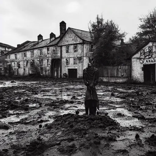 Image similar to horror, moody, still from film, daytime, muddy village square, wide shot, screeching mutant goat monster, powerful, with a mouth crammed full of filthy jagged teeth, matted brown fur, in muddy medieval village square