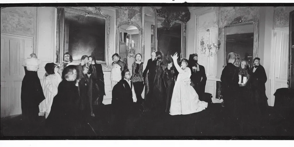 Image similar to creepy photo of people at a fancy party standing around a small black stone in a large Victorian apartment, 70mm film, old film, found film, scary, ominous, disturbing