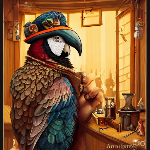 Prompt: Anthropomorphized parrot trader in his shop, medium shot, hands on counter, full body items, weapons, magic potions, trinkets, carpet, lamps, window, fancy hat, warm light, sly expression, cunning expression, cute expression, long thick shiny black beak, D&D, fantasy, cinematic lighting, highly detailed, digital painting, artstation, concept art, smooth, sharp focus, illustration, warm light, cozy warm tint, strong colours, magic the gathering artwork, volumetric lighting, 8k, art by Akihiko Yoshida, Thomas Kinkade, Greg Rutkowski