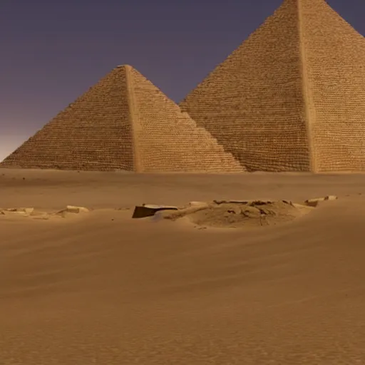 Prompt: front entrance of a pyramid in the desert partially covered by sand, highly detailed, videogame screenshot, panoramic view