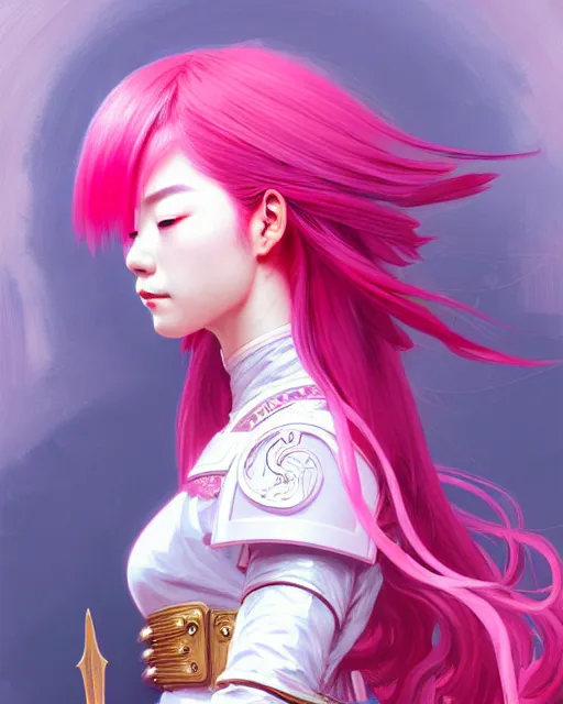 Image similar to Portrait of a japanese girl with pink hair wearing a paladin armor with a red skirt and white top, face, fantasy, intricate, elegant, highly detailed, digital painting, artstation, concept art, smooth, sharp focus, illustration, art by Fernanda Suarez and Artem Demura and alphonse mucha