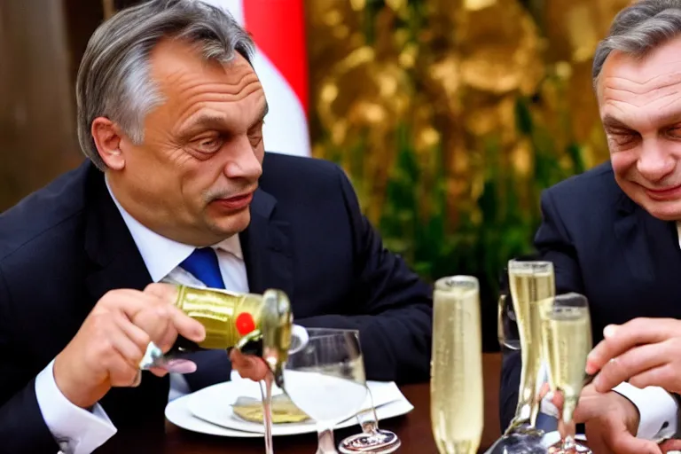 Image similar to viktor orban drinking champagne with putin