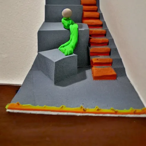 Prompt: claymation, 3 d clay sculpture, made of clay, descending a staircase, inspired by duchamp - n 6