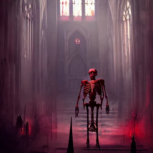 Image similar to full body pose monster skeleton flesh, scary, terrifying, volumetric lighting, gothic church on background, red glow, by greg rutkowski and ivan shishkin