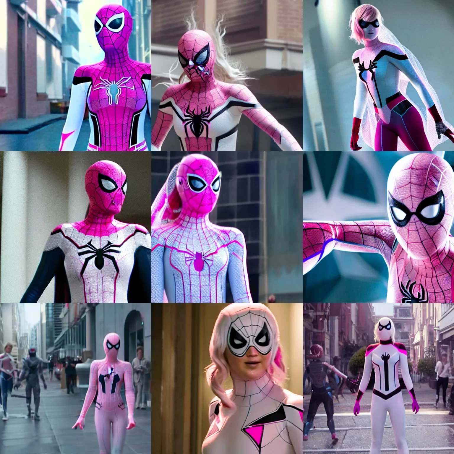 Prompt: Jennifer Lawrence as Spider-Gwen, wearing a white and pink webbed costume, film still from Spiderman: Far From Home