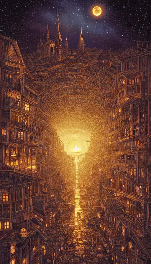 Prompt: The starlit city of wisdom and dreams at sunset, da vinci, Dan Mumford, Josan Gonzalez