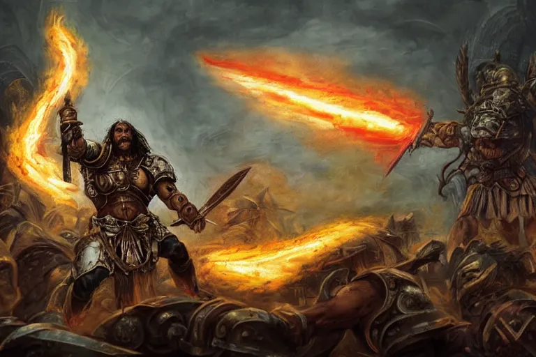 Image similar to Fresco painting featuring Conan the Barbarian in golden armor and wielding a flaming sword in battle against a green dragon breathing plasma, inspired by Warhammer 40k, ultra-detailed digital art, highly detailed, digital painting, artstation, concept art, smooth, surrounded by a grimdark fantasy background, sharp focus, illustration, art, masterpiece by greg rutkowski and fredrick runtu