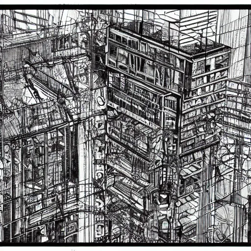 Image similar to a black and white drawing of a building, a detailed mixed media collage by hiroki tsukuda and eduardo paolozzi, intricate linework, sketchbook drawing, street art, polycount, deconstructivism, matte drawing, academic art, constructivism