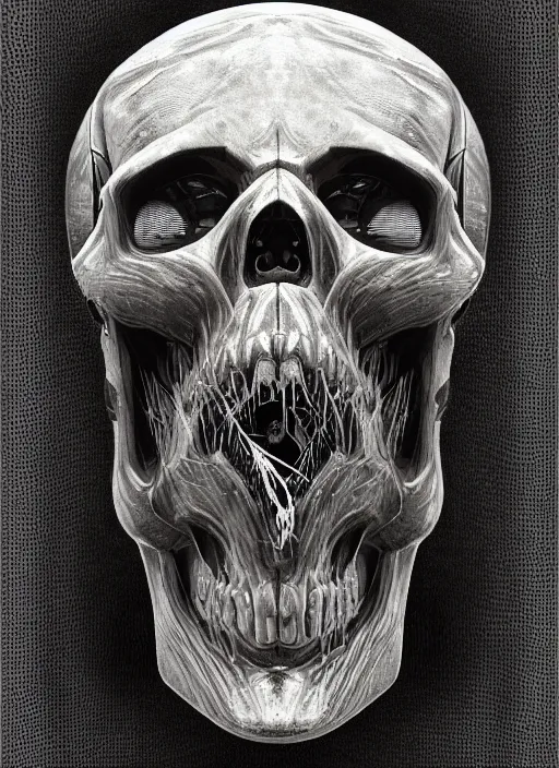 Prompt: portrait of robotic skull, by wayne barlow, stanley donwood, anton semenov, zdzislaw bekinski, hr giger, 8 k, sci fi, dark, highly detailed