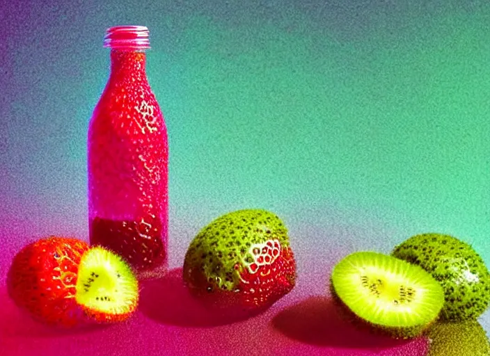 Prompt: ( ( dither ) ), editorial illustration strawberries blueberries sliced kiwi sliced lemon inside a clear drinking bottle, ( ( isometric ) ), modern art deco, ( ( mads berg ) ), karolis strautniekas, stippled light, fog, fine texture, dynamic composition, matte print, ( ( unreal engine ) ), surrealism, colorful