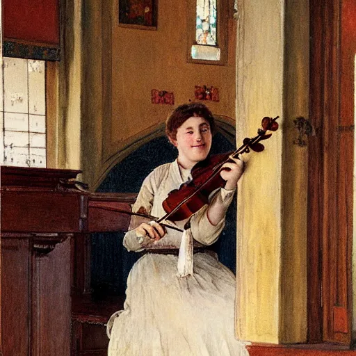 Image similar to A young edwardian woman playing a violin inside a church, in the style of carl larsson