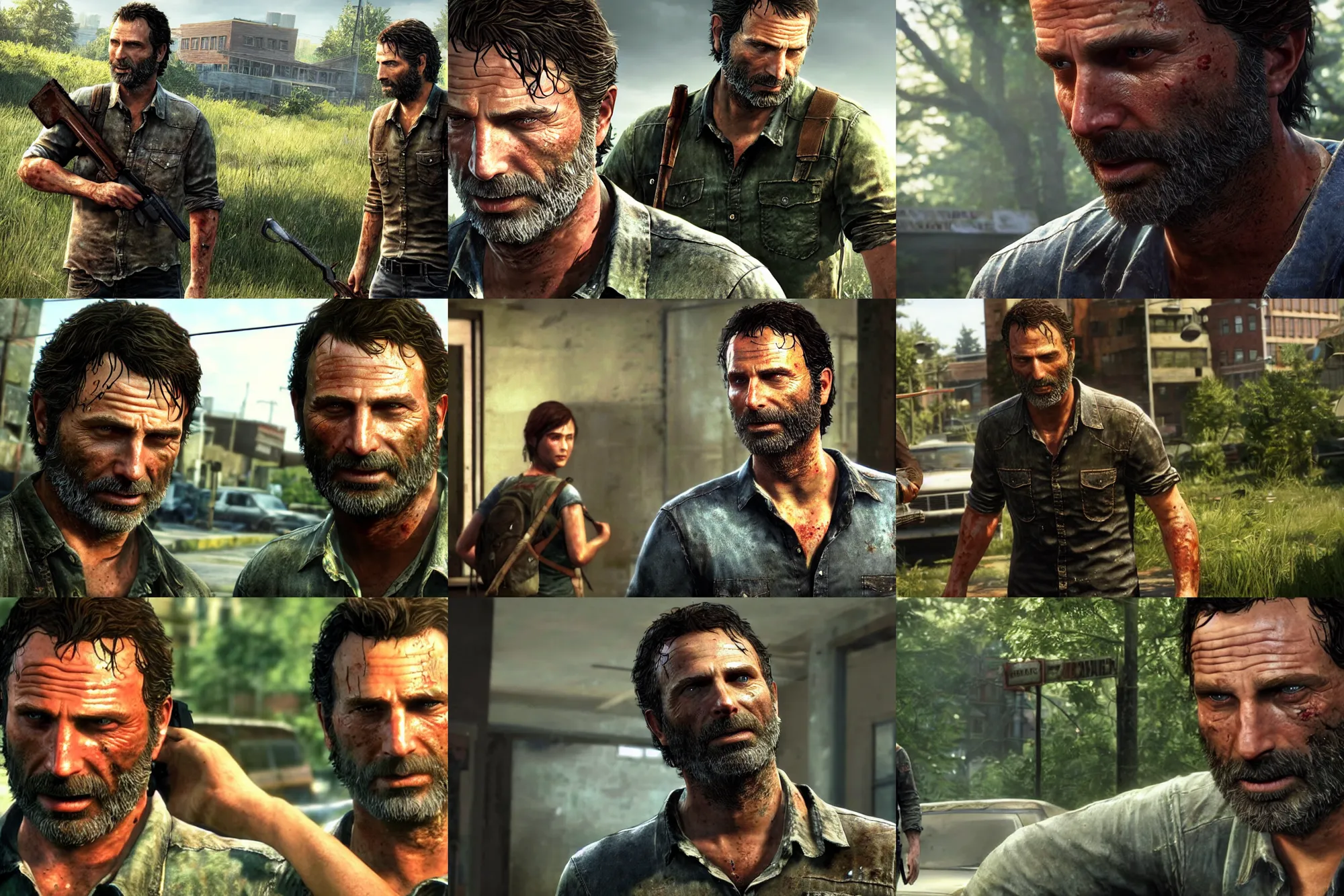 Prompt: a screenshot of rick grimes in the video game the last of us. 3 d rendering. unreal engine. amazing likeness. very detailed. cartoon caricature.