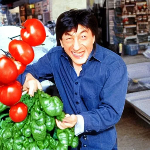 Prompt: Jackie Chan sells tomatoes to Yoda